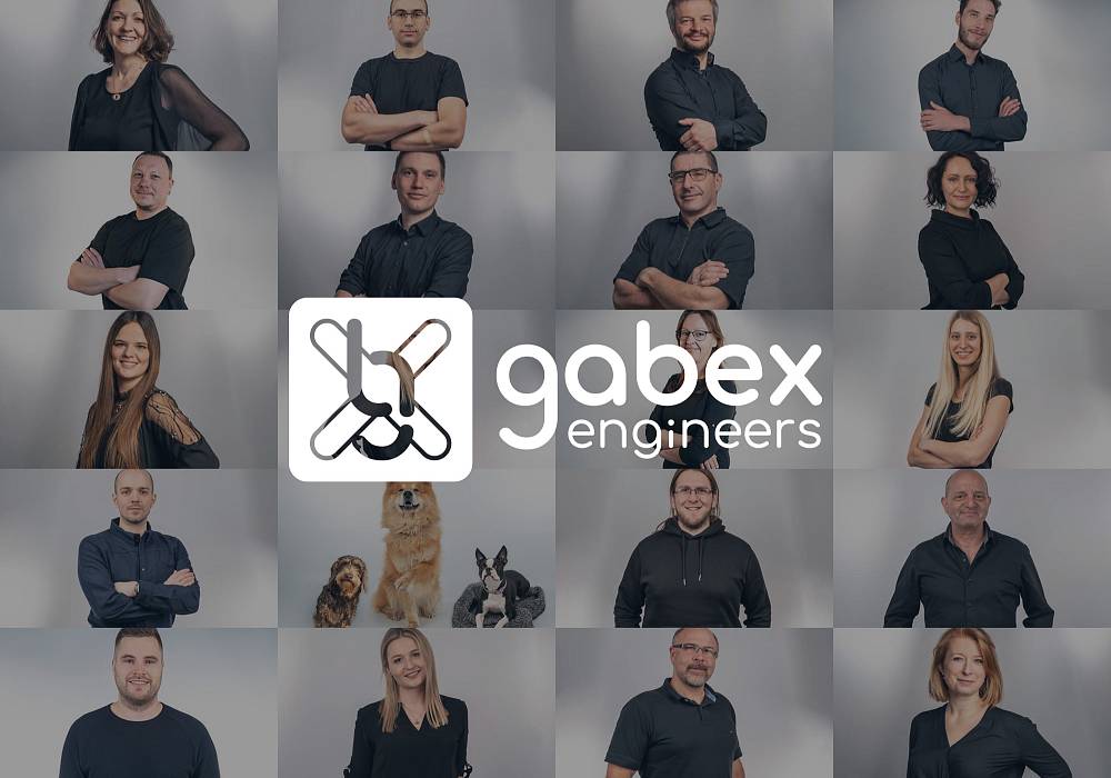 Teamcollage von gabex engineers mit dem Logo davor