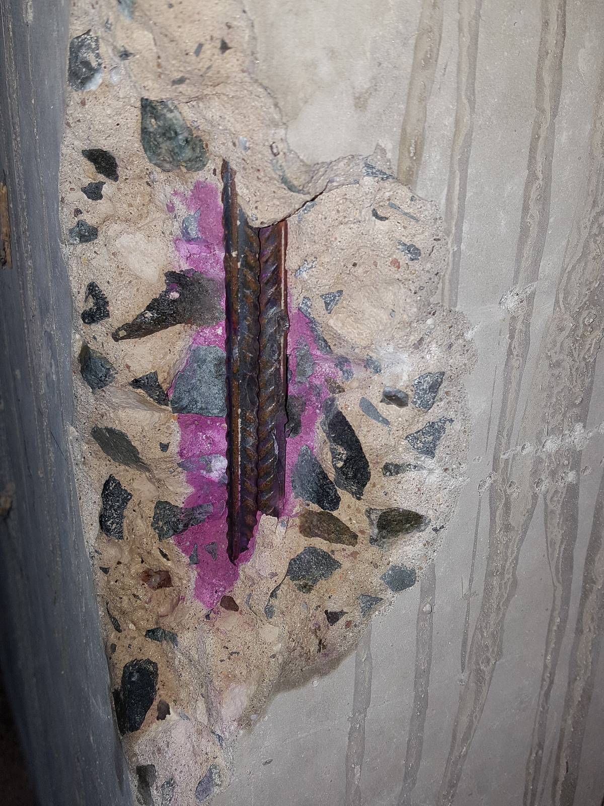 Freigelegter Betonquerschnitt mit Bewehrungsstahl und pinker Markierung zur Bestimmung der Carbonatisierungstiefe