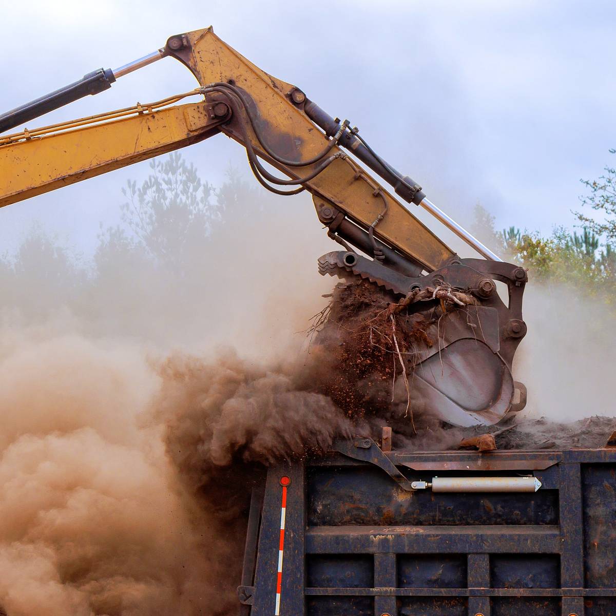 Bagger lädt staubiges Erdmaterial in einen LKW – Aushubarbeiten auf einer Baustelle im Zuge einer Haufwerkuntersuchung oder Bodenverwertung.