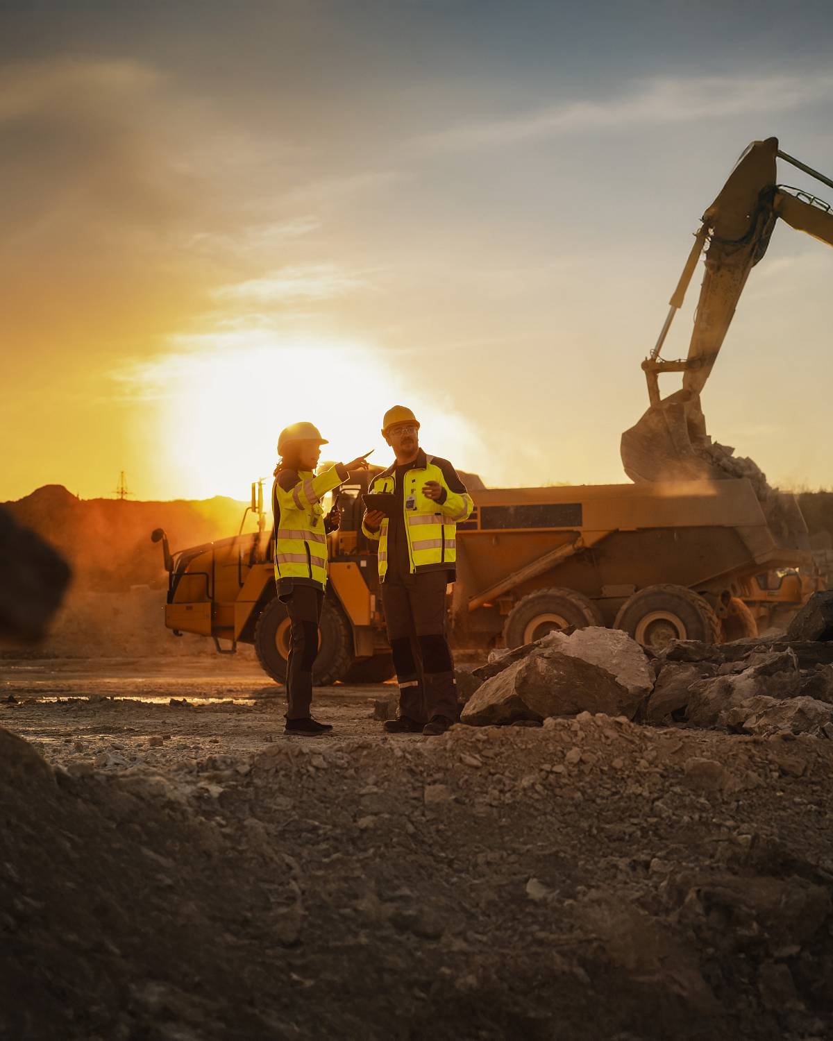 Zwei Bauingenieure in Warnwesten besprechen Aushubarbeiten auf einer Baustelle mit Bagger und Lkw im Hintergrund.