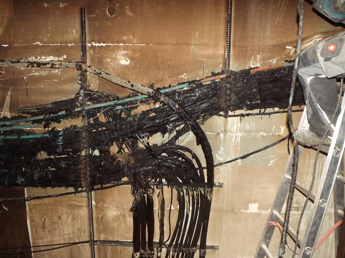 Starke Brandschäden an elektrischen Leitungen und Kabeln – Untersuchung von Materialveränderungen und Schadstoffrückständen nach Brandereignis.